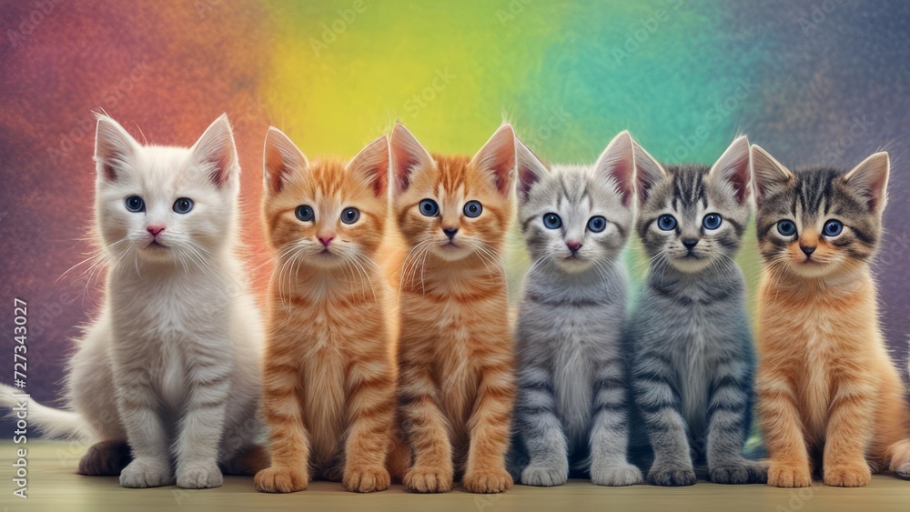 Kittens of beautiful colors are sitting next to each other on a bright background.