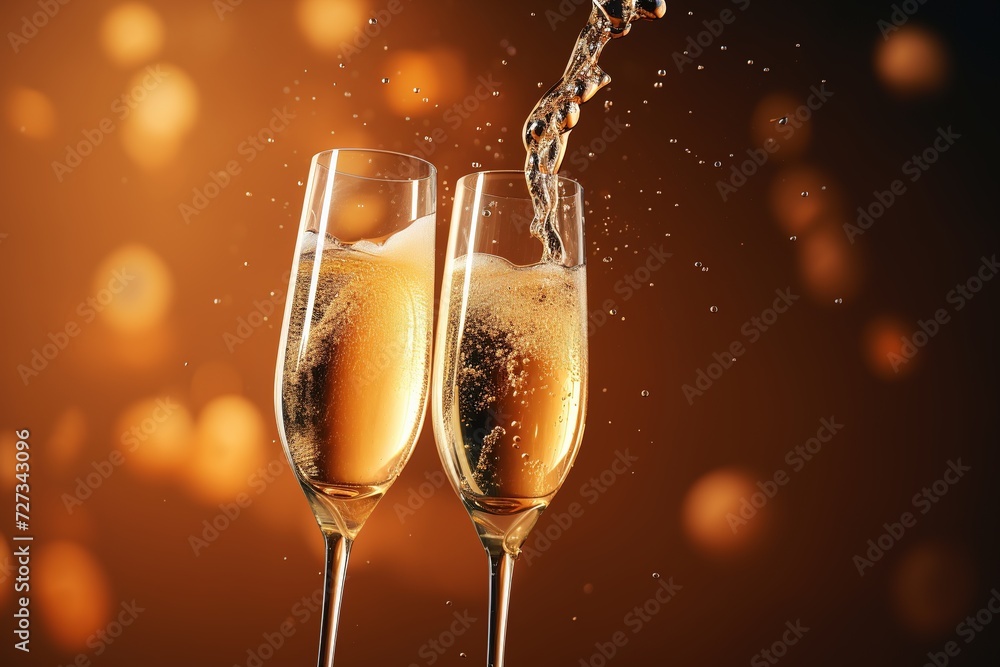 Two champagne glasses with splashing champagne on a brown background. Ideal for New Years Eve or special celebrations. Two champagne glasses with splashing champagne on a brown background. Ideal for New Years Eve or special celebrations.