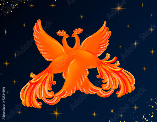 Illustration for a fairy tale. Two firebirds. Love.