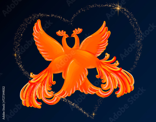 Illustration for a fairy tale. Two firebirds. Love.