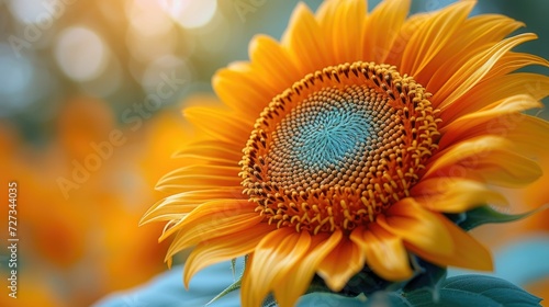 a sunflower  showcasing the geometric patterns of the seeds in the center and the vibrant yellow petals