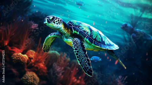 Tropical sea turtle wallpaper in the style of bio
