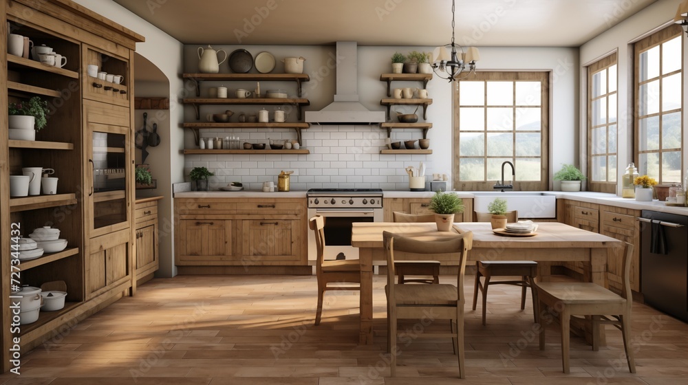 Design a rural farmhouse kitchen with distressed wood cabinets, a large farmhouse sink, and open shelving for a cozy, country feelar Design a rural farmhouse kitchen with distressed wood cabinets, a large farmhouse sink, and open shelving for a cozy, country feelar