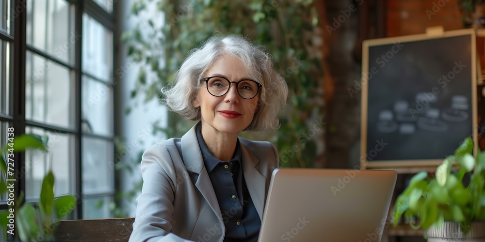 Professional senior businesswoman working on laptop in a modern office setting. experienced and confident. casual corporate style. AI Professional senior businesswoman working on laptop in a modern office setting. experienced and confident. casual corporate style. AI