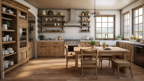 Design a rural farmhouse kitchen with distressed wood cabinets, a large farmhouse sink, and open shelving for a cozy, country feelar