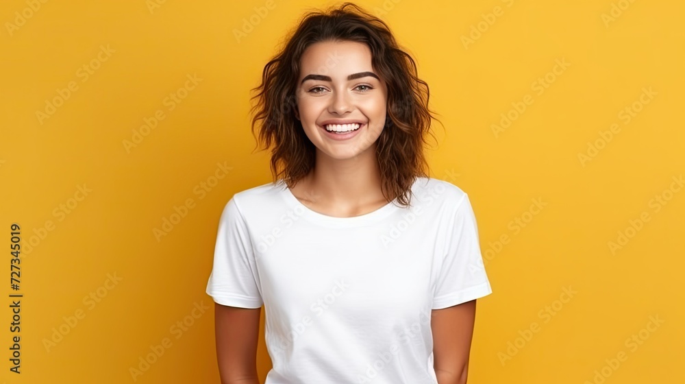 A wide shot of woman, age 22, wearing white shirt and blue pants, with lively smiling facial expression, at yellow background, design tshirt template, print presentation mock - up A wide shot of woman, age 22, wearing white shirt and blue pants, with lively smiling facial expression, at yellow background, design tshirt template, print presentation mock - up