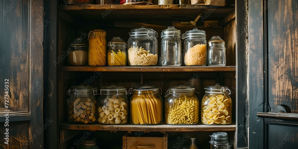 Cozy wooden pantry shelf stocked with various pasta and grains in glass jars. rustic kitchen storage inspiration. home organization with style. AI