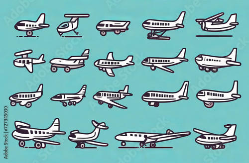 Jet airplane set. Air transport. Air flight symbol. Passenger airplanes. Cartoon airplanes on blue cyan background