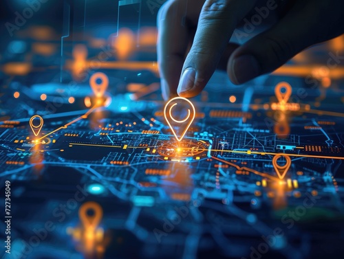 Charting the Path to the Future: Digital Hands Securely Grasp a Map Location Pin - Abstract Map Icon Symbolizes Innovation in Shipping, Logistics, and Office Research. AI photo