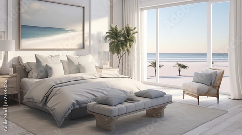 Design a serene coastal bedroom with a palette of soft blues, whites, and sandy neutrals for a calming atmospherear © Salman