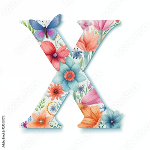 Alphabet letter "X" with flowers and butterflies isolated on white background. Ai generative.