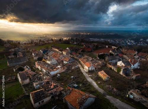 Destroyed houses after hurricane. Natural disaster.