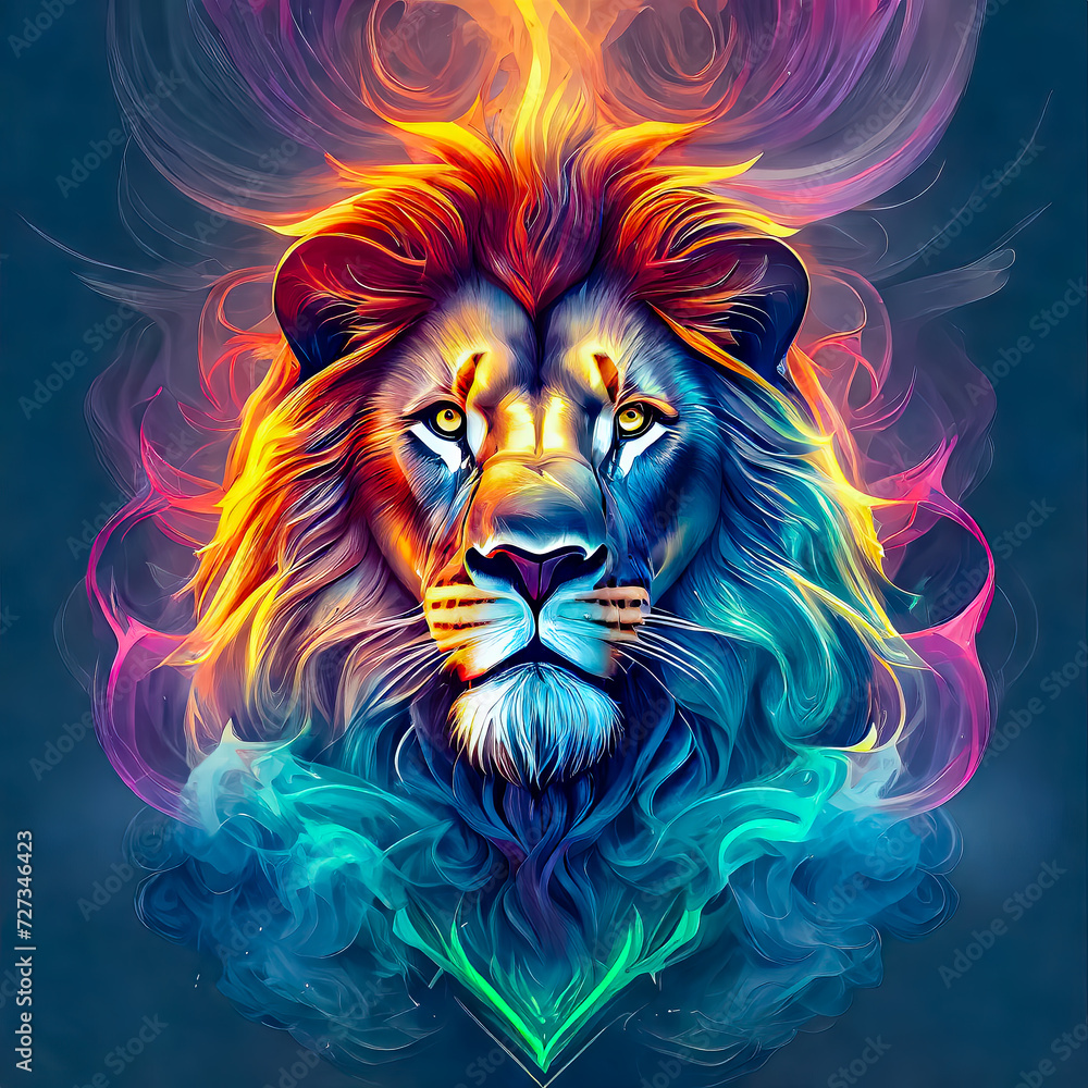 Tete de lion dans une ambiance colorée style néon Tete de lion dans une ambiance colorée style néon