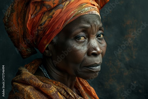 Nigerian old woman in national clothes portrait close up Nigeria detailed photography texture. Nigeria old woman. Horizontal format