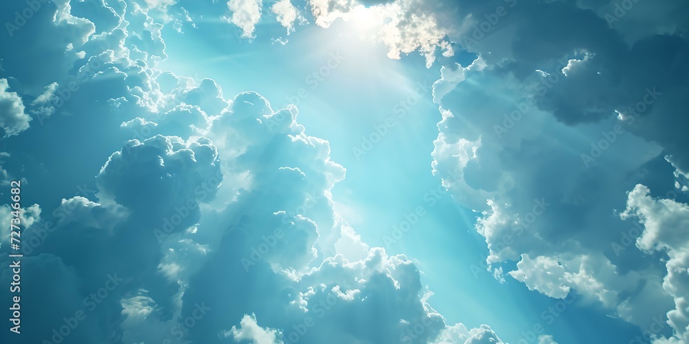 Ethereal sky with sun rays piercing through fluffy clouds. inspirational nature scene. perfect for background use. AI