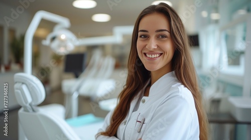 young, cheerful dentist who takes pride in her work. large copyspace area, offcenter composition.