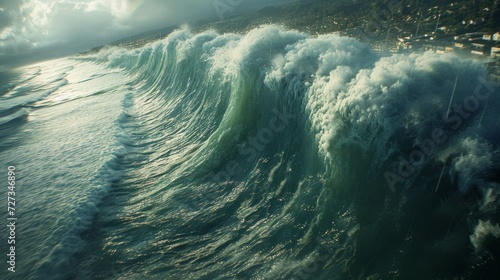 Tsunami Impact: A massive tsunami wave crashes ashore, engulfing everything in its path, with devastating consequences.