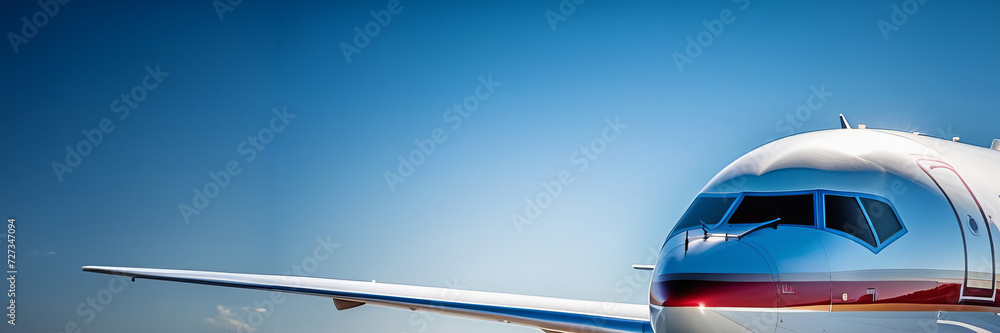 closeup picture of an aircraft fuselage on clear blue sky background with place for text on left. White airplane's nose radome under blue sky in morning. White airplane and blue sky. Travel vacation