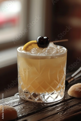 Whiskey Sour: Whiskey, lemon juice, simple syrup, shaken and served with a cherry