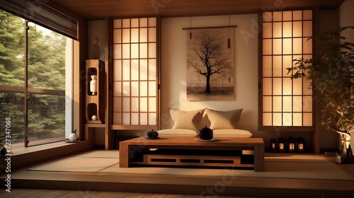 Design an Asian-inspired meditation room with low seating, shoji screens, and minimalist decor for a serene and contemplative spacear