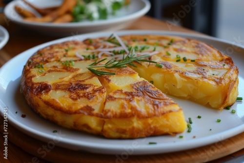 Tortilla Espaniola: A thick potato omelet, lightly browned and garnished with onions, a staple Spanish tapa. photo