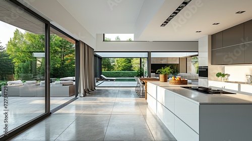 A spacious and modern kitchen interior featuring sleek designs, a large island with a countertop, and floor-to-ceiling glass doors that open to reveal a lush garden and patio area