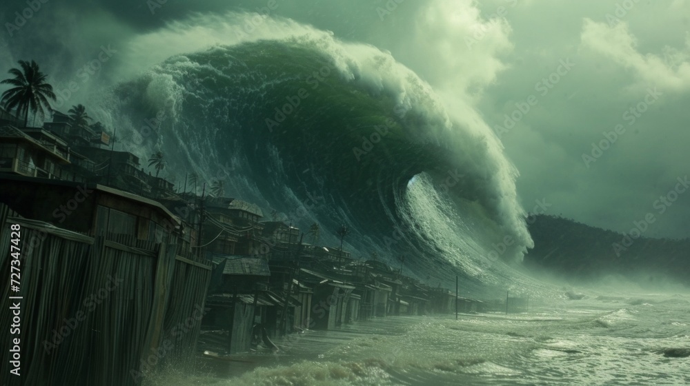 Tsunami Impact: A massive tsunami wave crashes ashore, engulfing everything in its path, with devastating consequences. - obrazy, fototapety, plakaty 