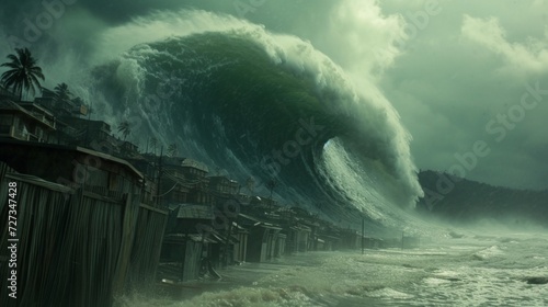Tsunami Impact: A massive tsunami wave crashes ashore, engulfing everything in its path, with devastating consequences. photo
