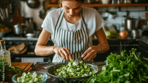 Woman in the kitchen preparing celery and green onion salad.