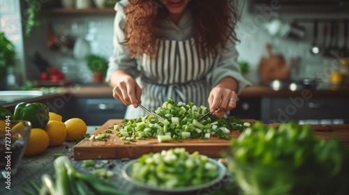 Woman in the kitchen preparing celery and green onion salad.