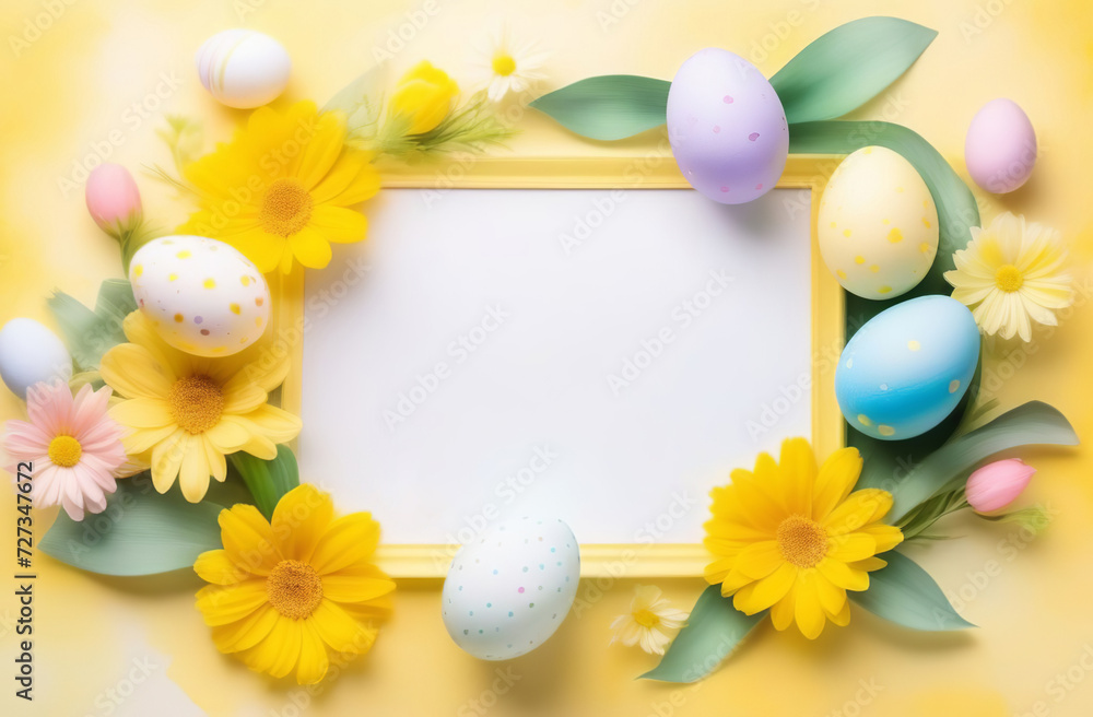 Easter border of eggs, spring flowers, bows, Easter bunny with copy space in the middle. Happy Easter background. Flat lay, top view, copyspace. Pastel colors frame, free place for text. Banner design