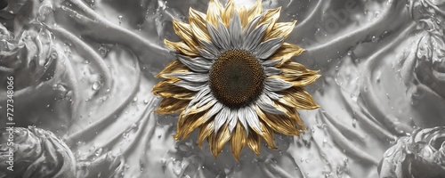 there is a black and white photo of a sunflower with gold leaves
