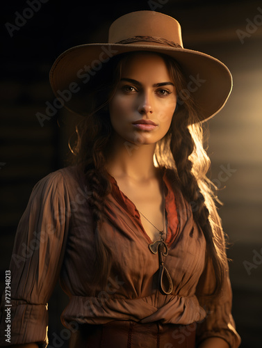 Portrait of a woman in the wild west in a cowboy outfit