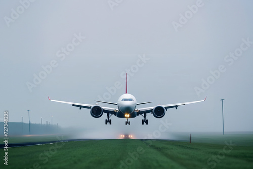 View of airplane on airport runway under beautiful cloudy sky. turbines of an aircraft. Travel and vacation concept. Copy space banner