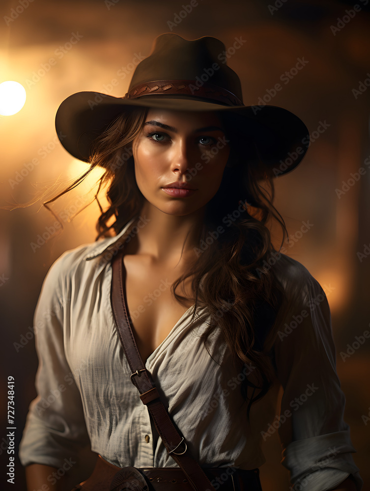 Portrait of a woman in the wild west in a cowboy outfit Portrait of a woman in the wild west in a cowboy outfit