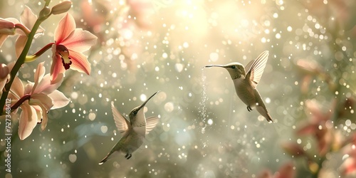 Serene hummingbirds hovering near blooming flowers in golden sunlight. peaceful nature scene, perfect for relaxation and wall art. AI