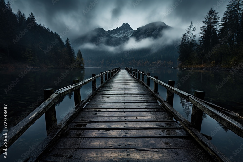 Wooden jetty over the mountain lake with forest on rainy cloudy gloomy day