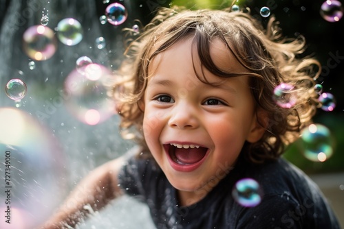 Child's joyous laughter among sparkling water and bubbles. Perfect for family-oriented content. 