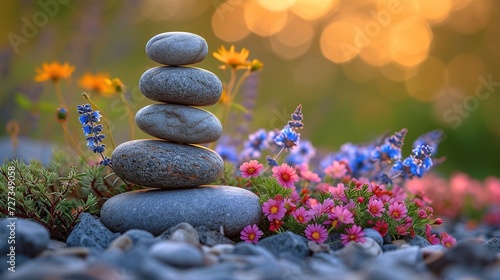 Stacked stones among flowers symbolize tranquility and harmony. Suitable for wellness and meditation spaces. a concept of balance.