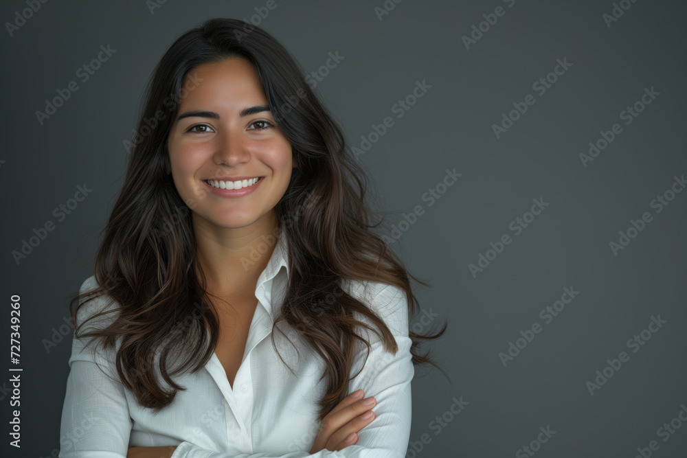 Smiling Hispanic woman with arms crossed, wearing a white shirt against a gray background. Smiling Hispanic woman with arms crossed, wearing a white shirt against a gray background.