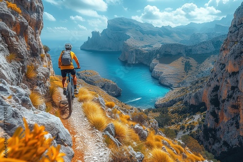 Cyclist on mountain path overlooking stunning blue sea. Suitable for travel and adventure promotion. 