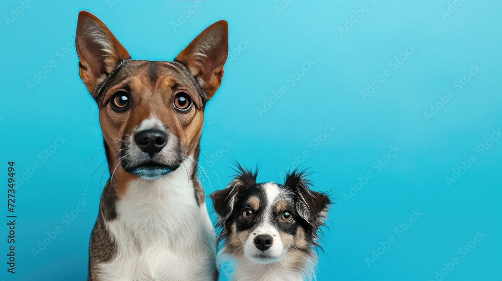 Two dogs posing against a blue background.