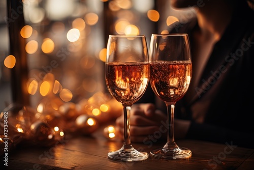 closeup of two glasses of white wine or champagne on a wooden table with blurred bokeh background