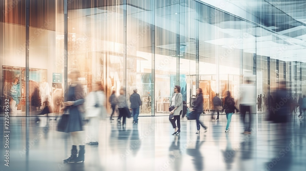 Blurred background of a modern shopping mall with some shoppers and mannequins in fashion shopfronts