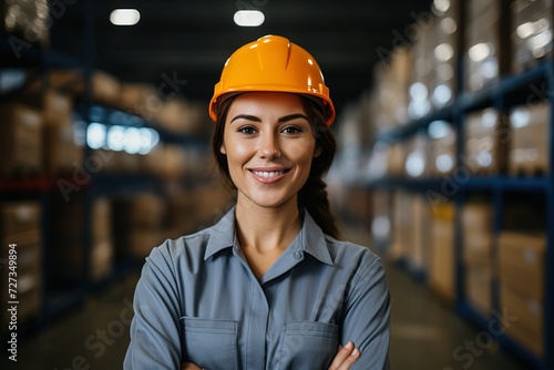 portrait of a beautiful smiling caucasian woman worker in an orange hard hat in a warehouse