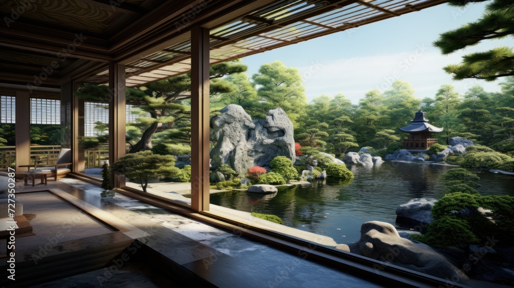 Fototapeta premium View from the beautiful residence to Japan Garden