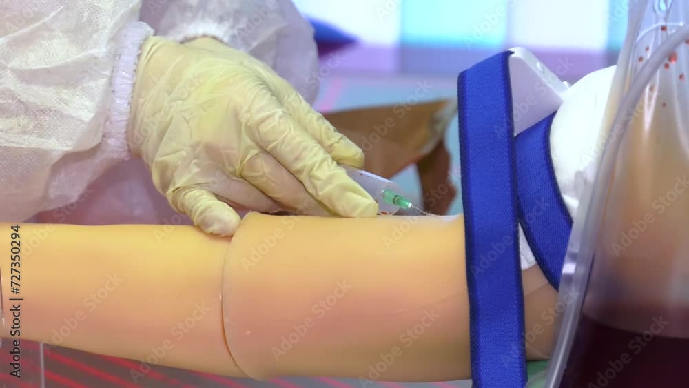 Woman makes an injection in the arm of a mannequin. Hand of a medical ...