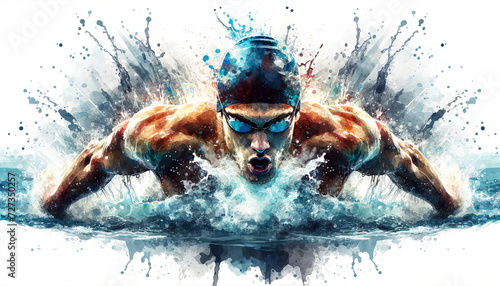 Intense, action-packed illustration of a swimmer crossing water, with dynamic splashes and a vivid sense of motion, rendered in a watercolor style. Sports concept. AI generated. photo