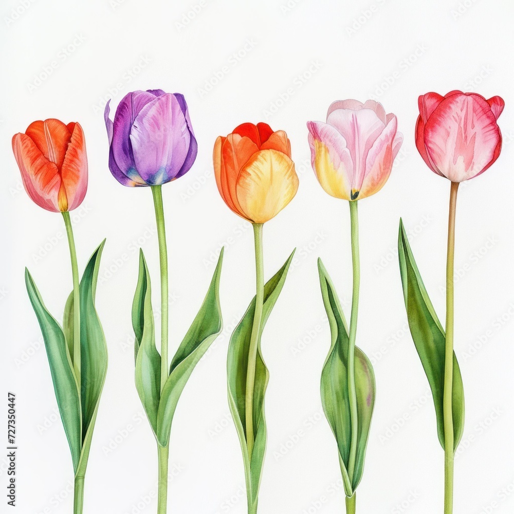 five spring tulip flowers on a white background. concept: spring, flowers, five spring tulip flowers on a white background. concept: spring, flowers,