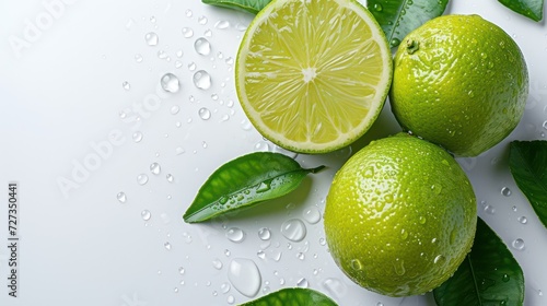 Fresh natural green lemon with a leaf on a white background. Ample copy space for text. 